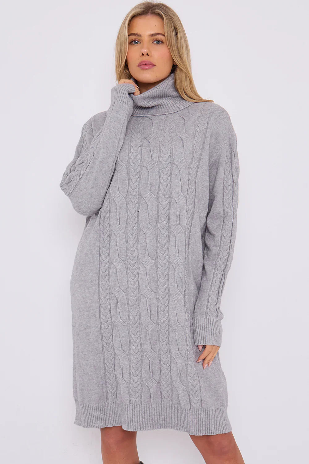 Jumper Dress - Roll Neck Design and Cable Pattern to Front