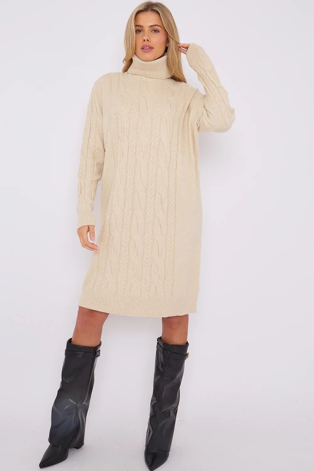 Jumper Dress - Roll Neck Design and Cable Pattern to Front