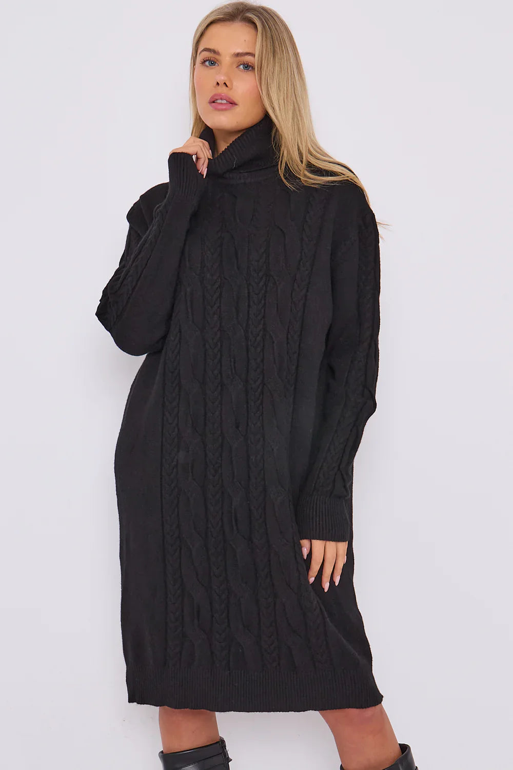 Jumper Dress - Roll Neck Design and Cable Pattern to Front
