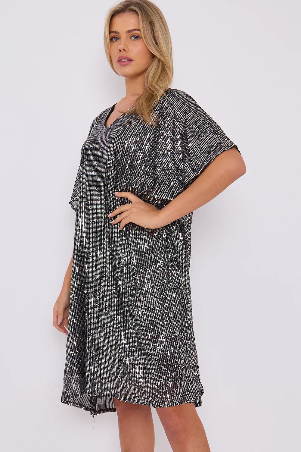 V Neck Sequin Tunic with batwing sleeves, perfect for Christmas parties.