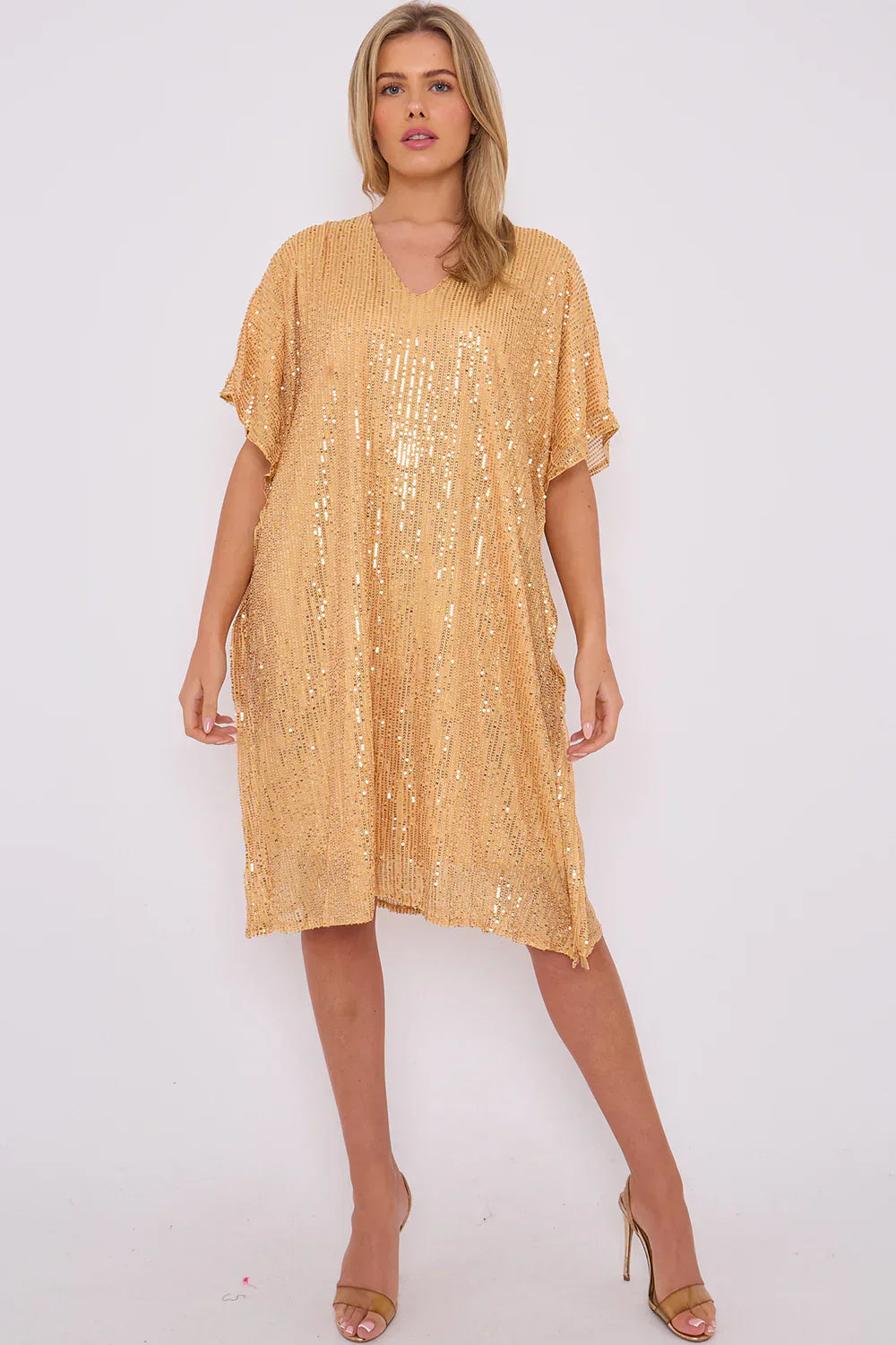 V Neck Sequin Tunic with Batwing Sleeves for Christmas Party