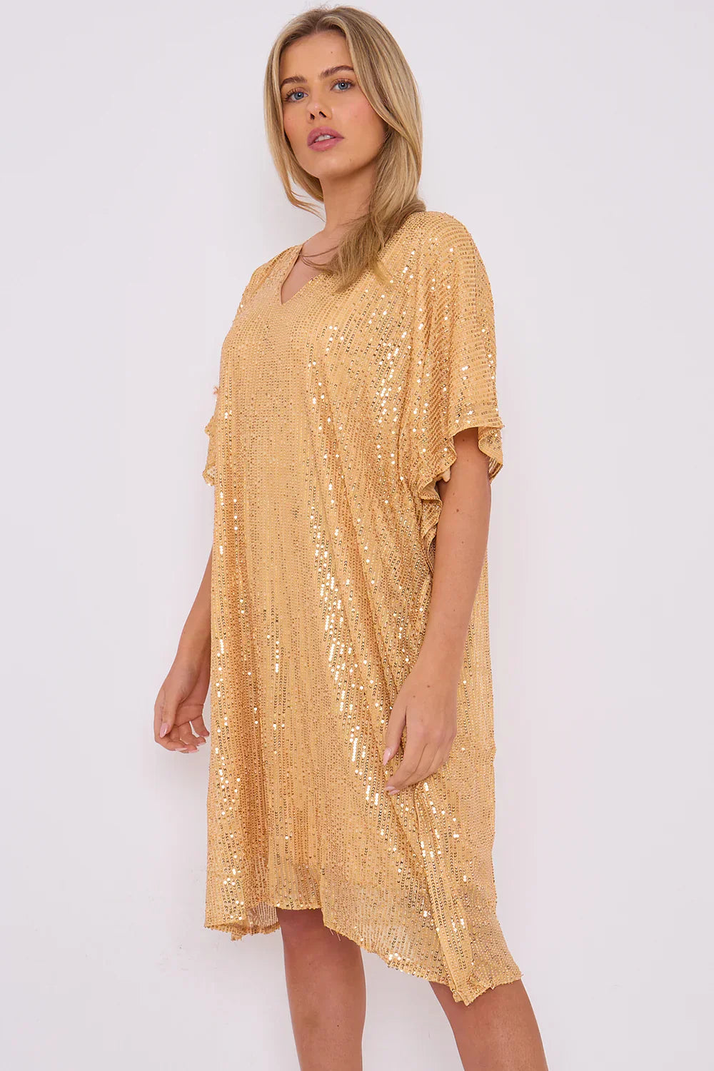 V Neck Sequin Tunic with batwing sleeves, perfect for parties.