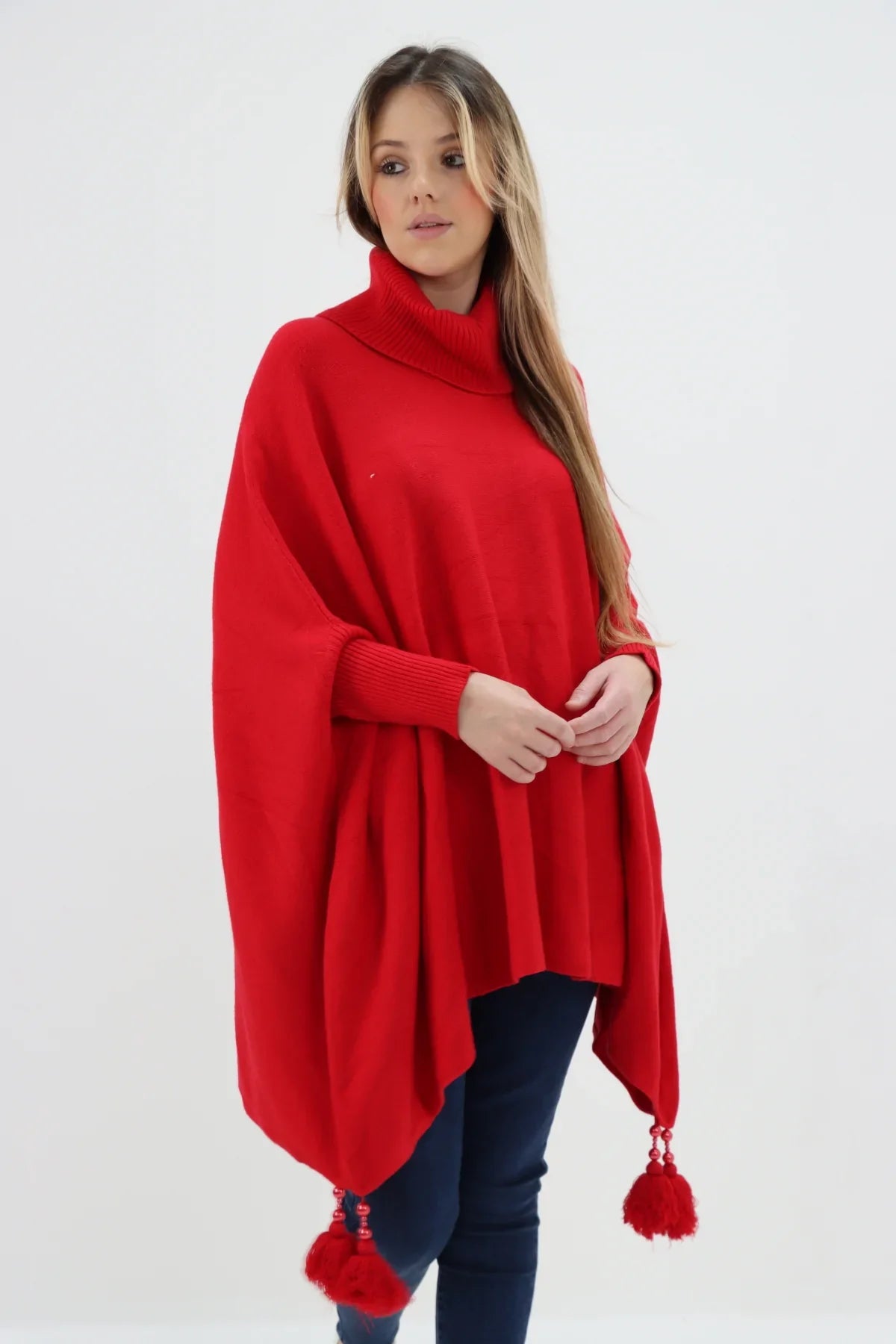 Plain Cowl Neck Tassel Poncho