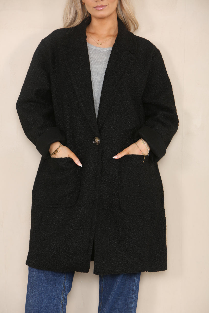 Teddy Boyfriend Jacket - One Button Fastening and Pockets on model