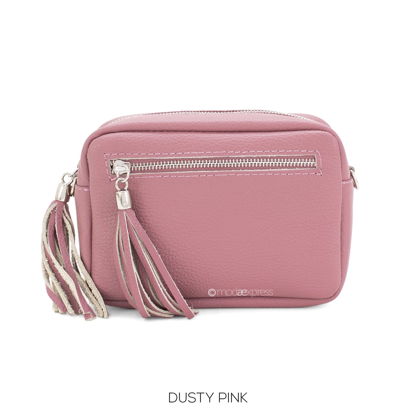 Dusty pink rectangle leather tassel bag with front pocket and adjustable strap.