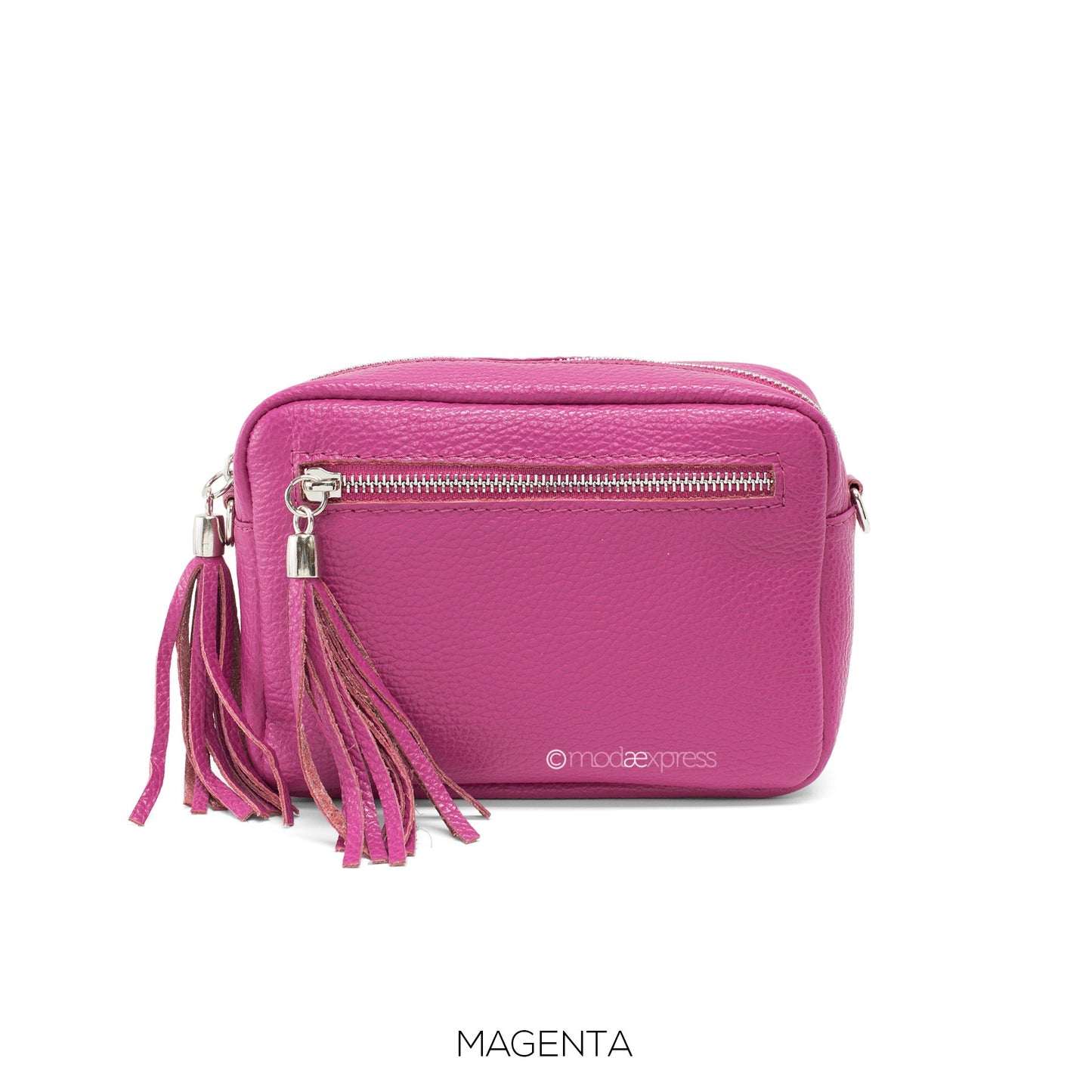 Magenta rectangle leather tassel bag with front pocket and adjustable strap.