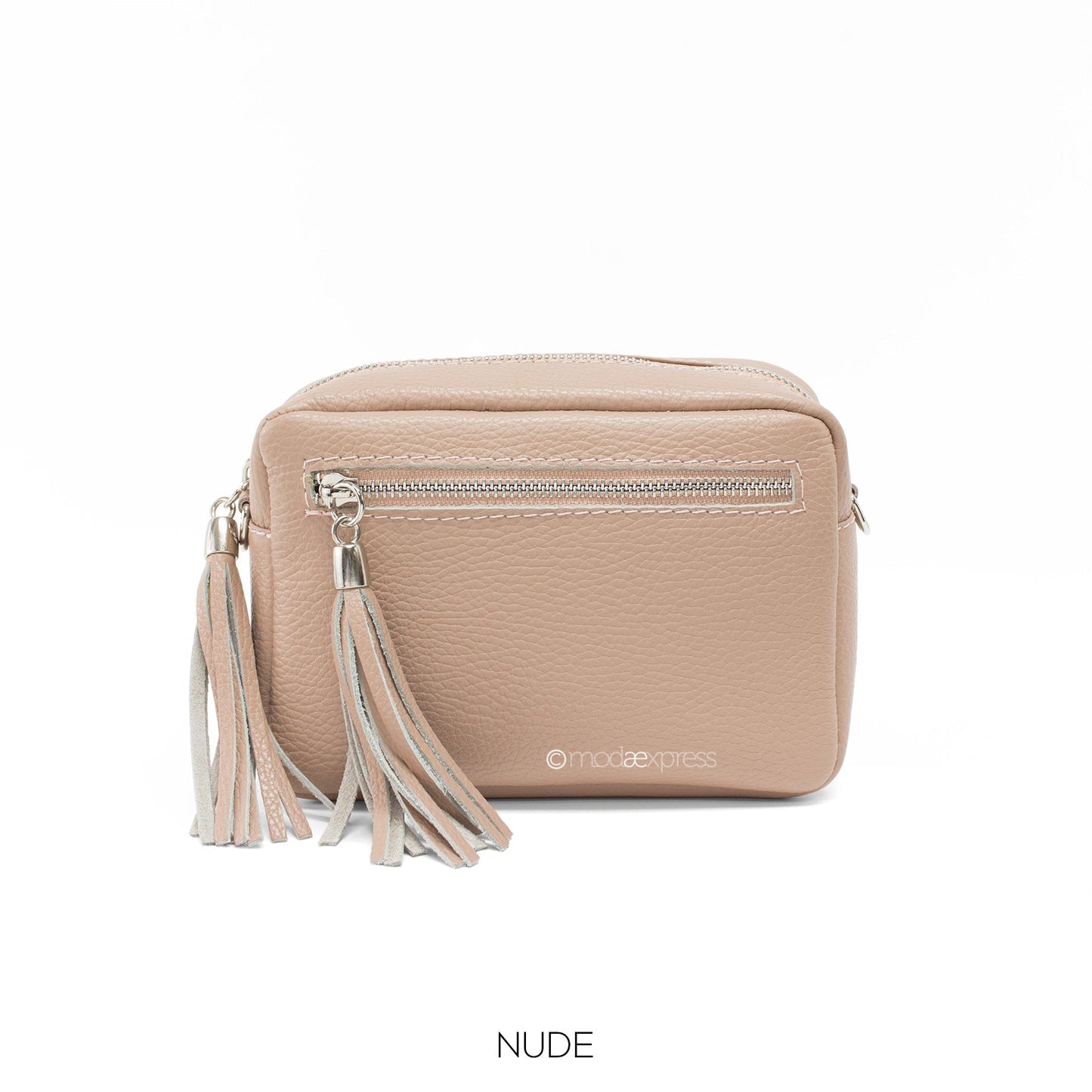 Rectangle Leather Tassel Bag in nude color with adjustable strap and front pocket.