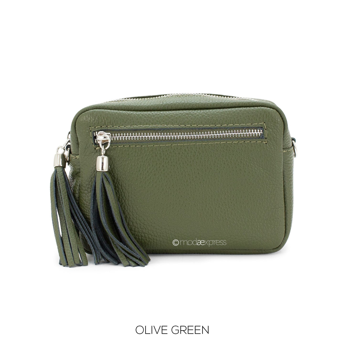 Olive green rectangle leather tassel bag with front pocket and adjustable strap.