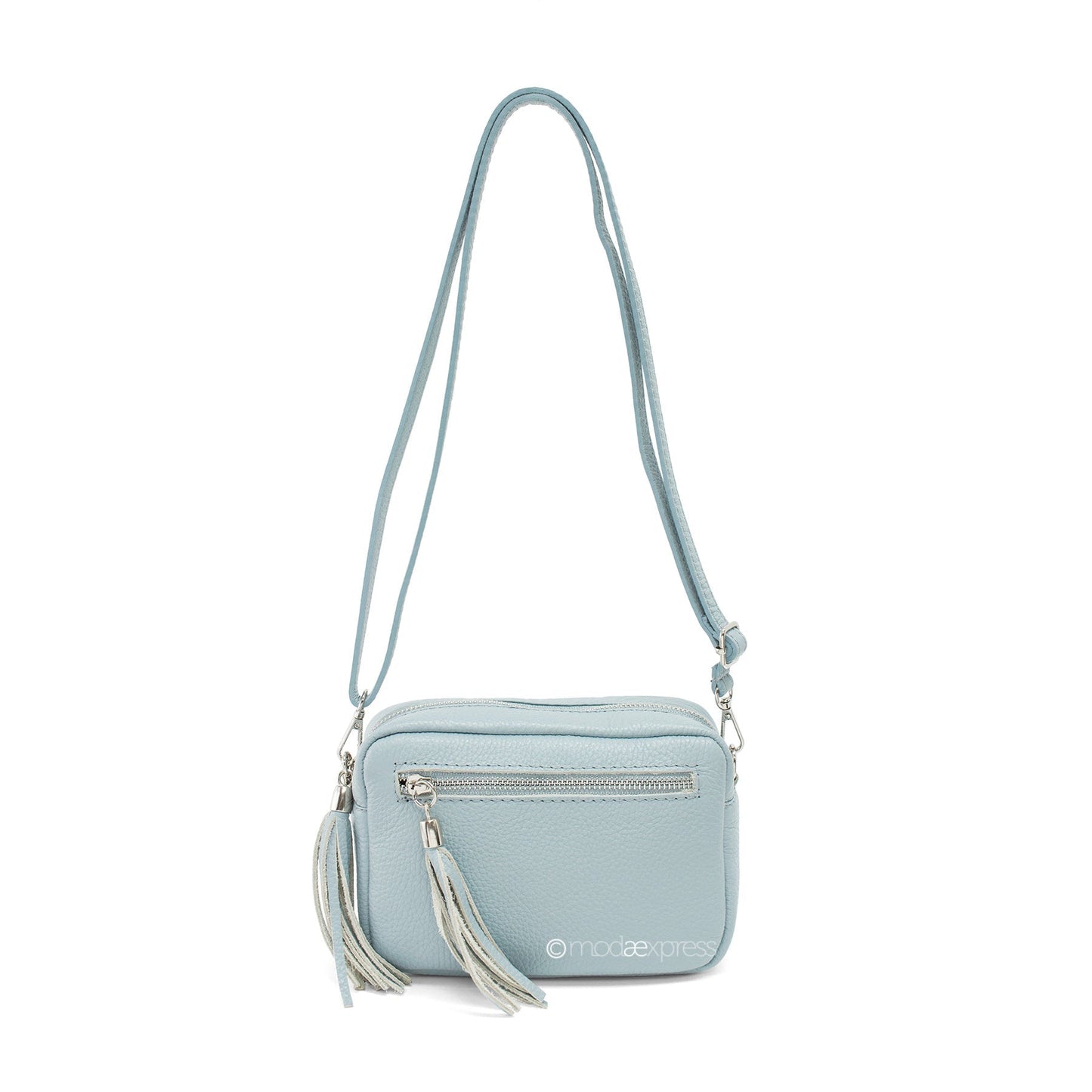 Rectangle Leather Tassel Bag in Italian leather, with adjustable strap and front pocket.