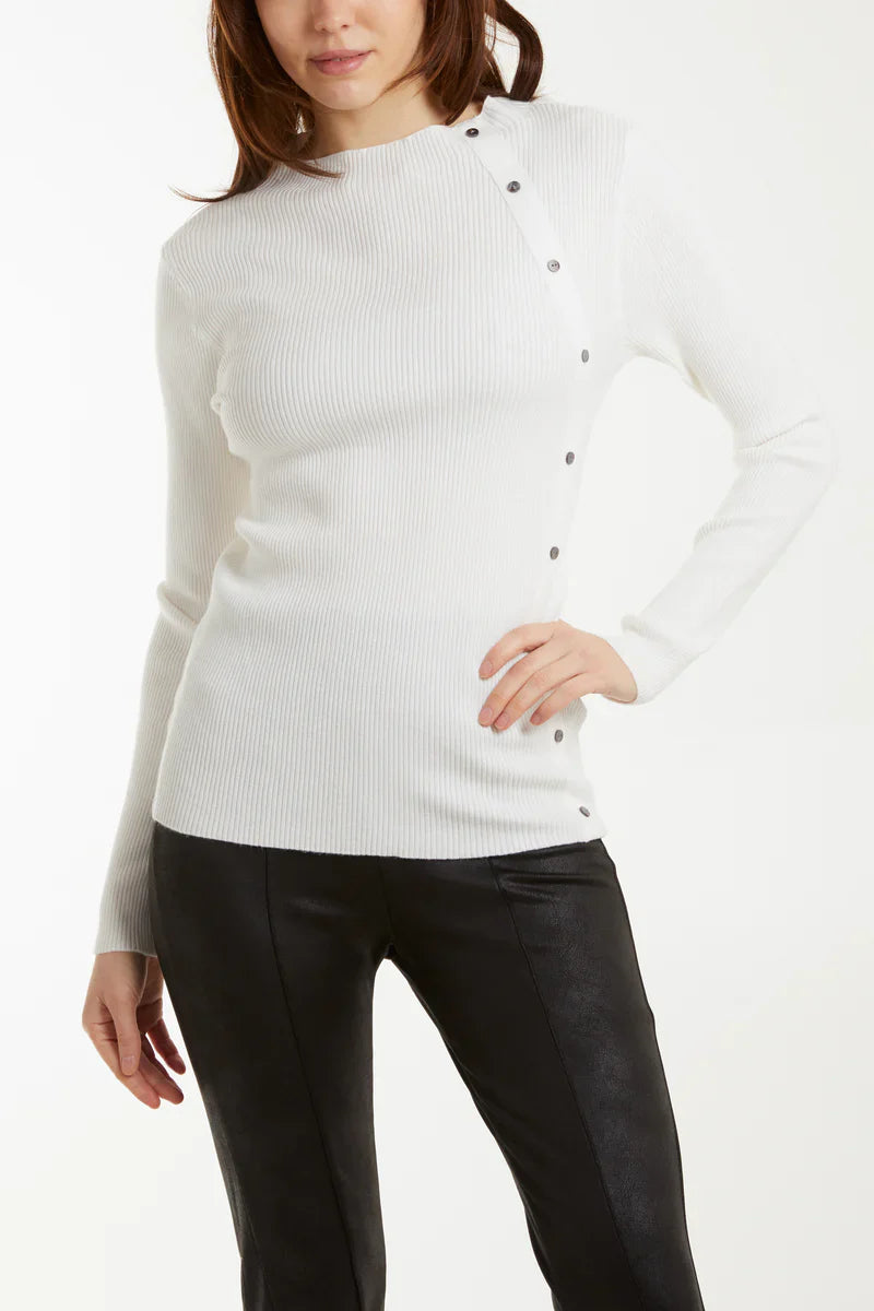 Button Detail Rib Top with ribbed texture and button neckline.