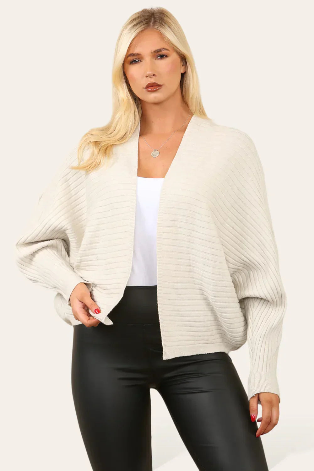 Ribbed Batwing Cardigan with open front and batwing sleeves in modal fabric.