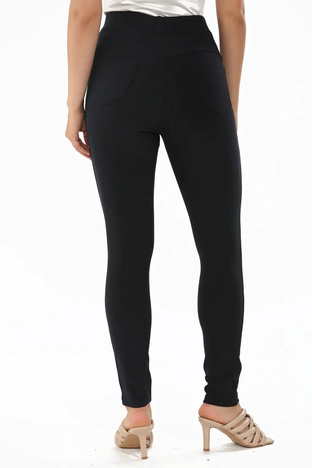 Navy Luxe Leggings in rear view showcasing cotton-blend fabric.