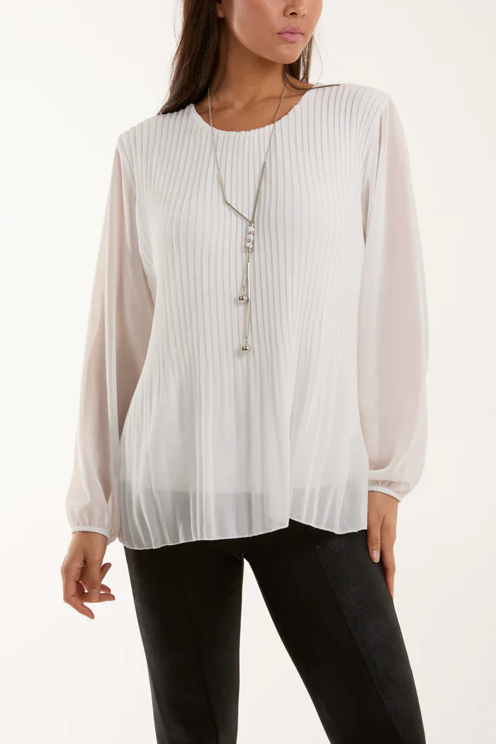 Pleated Top - Lined with Long Sleeves and Round Neck