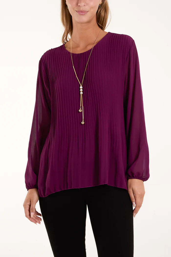 Pleated Top - Lined with Long Sleeves and Round Neck