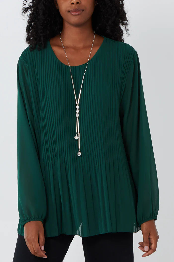 Pleated Top - Lined with Long Sleeves and Round Neck