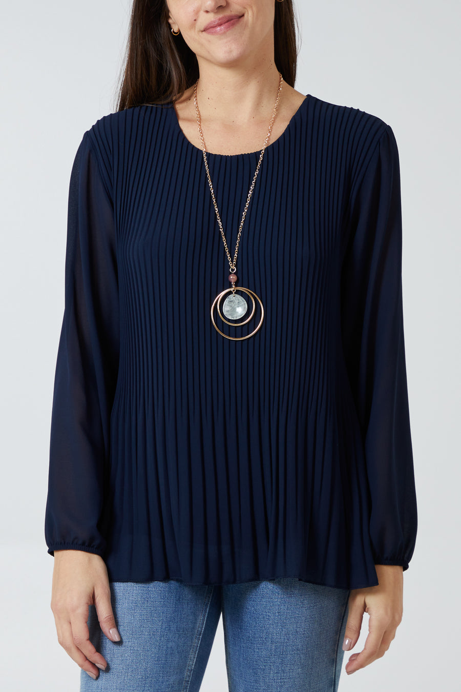 Pleated Top - Lined with Long Sleeves and Round Neck