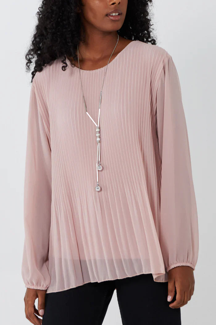 Pleated Top - Lined with Long Sleeves and Round Neck
