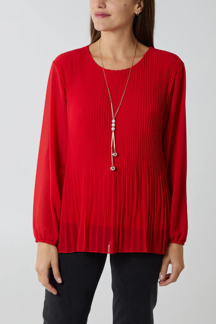 Pleated Top - Lined with Long Sleeves and Round Neck