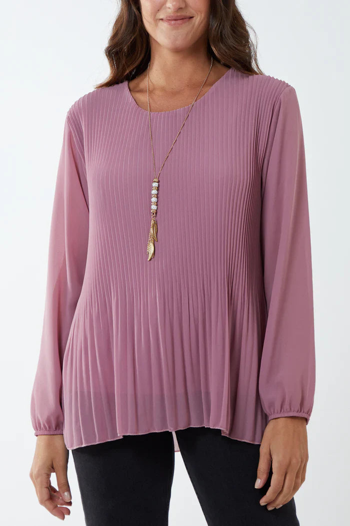 Pleated Top - Lined with Long Sleeves and Round Neck