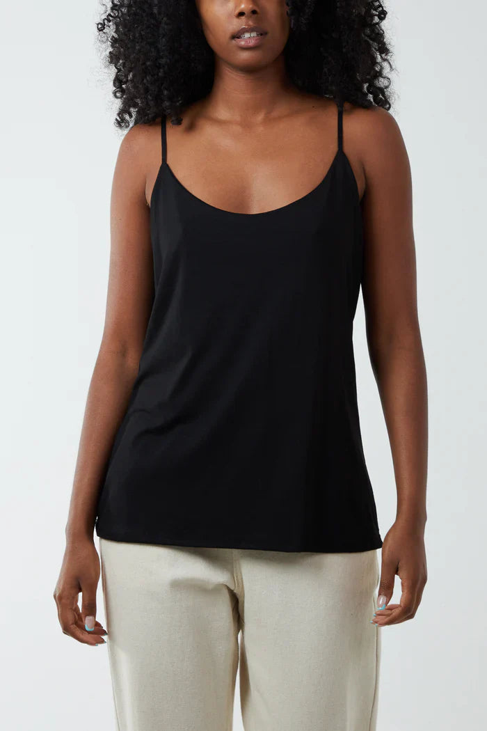 Lined adjustable cami vest with soft viscose lining and adjustable straps.
