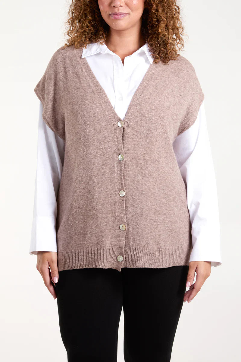 Shell Buttons Knit Vest, Italian-made, traditional design, perfect for layering in Spring.
