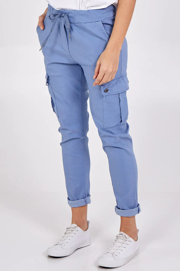 Blue magic cargo trousers with pockets, featuring a blend of viscose, polyester, and elastane.