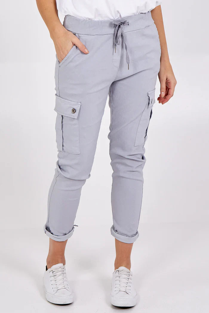 Magic Cargo Trousers in light gray, featuring side pockets and a comfortable drawstring waist.