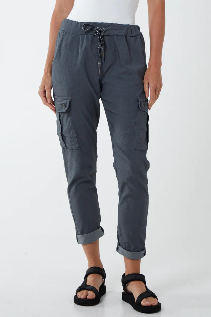 Magic Cargo Trousers made from 60% viscose, 35% polyester, and 5% elastane.
