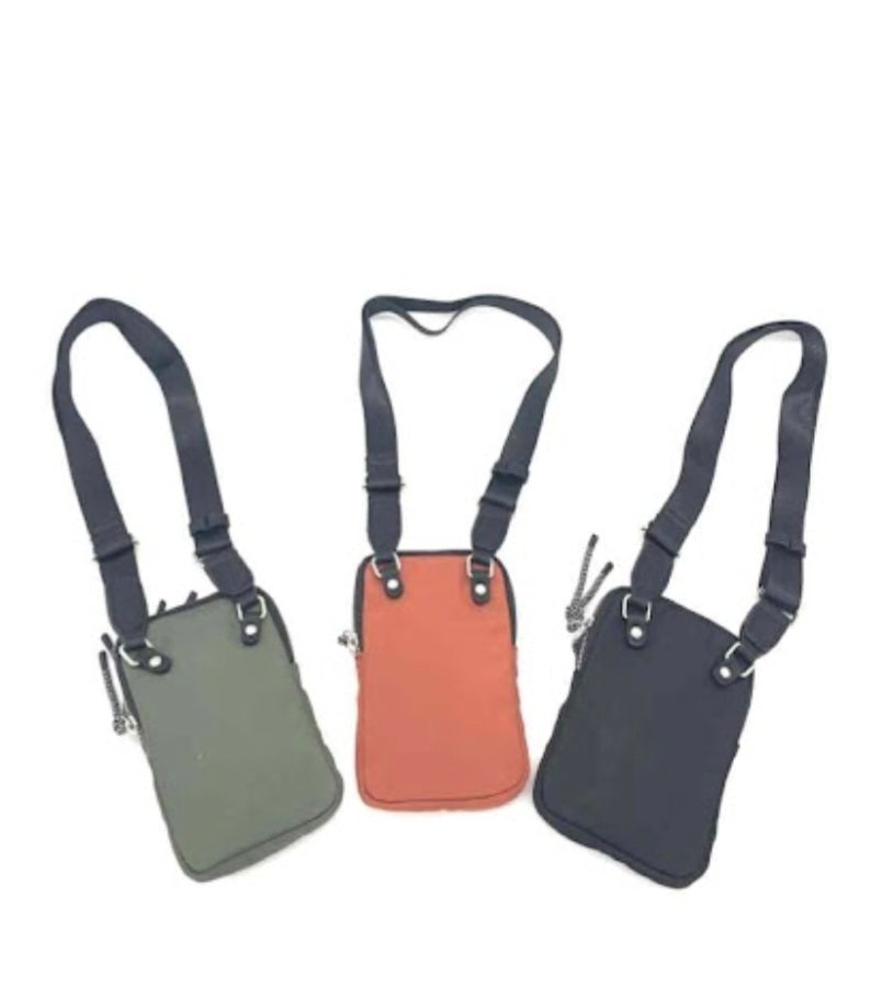Phone bag with two pockets and across body strap in water-resistant fabric.