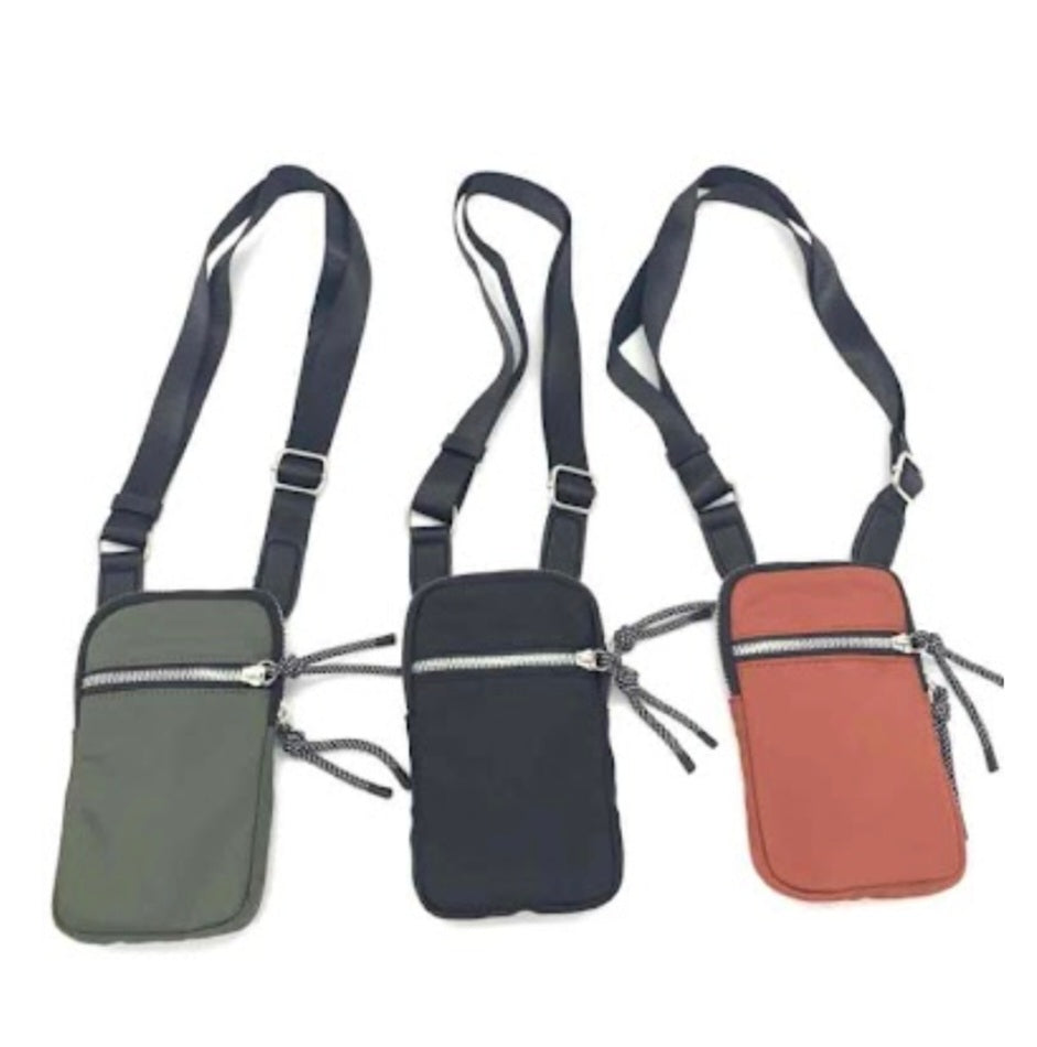 Water-resistant phone bag with two pockets and body strap in three colors.