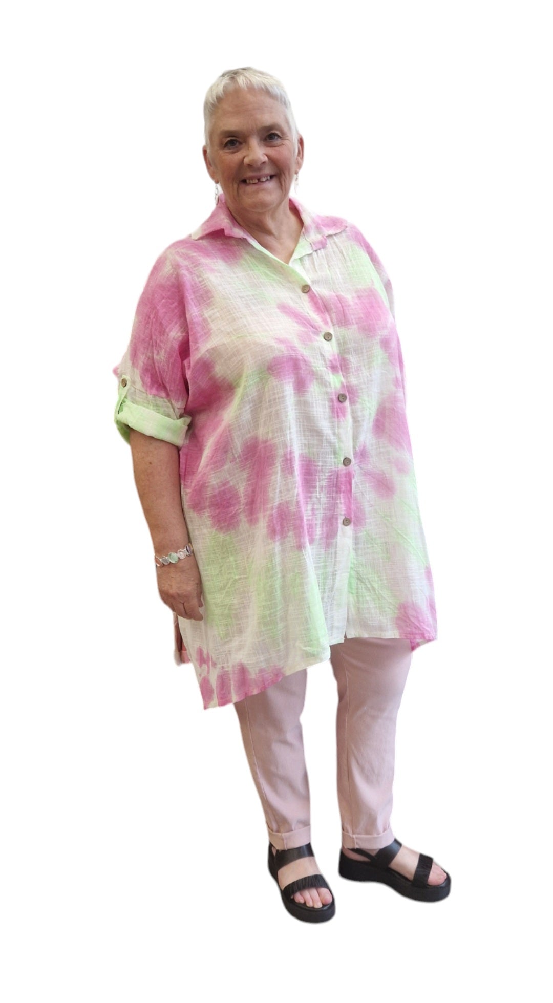 Tie Dye Cotton Shirt in pink and green worn by a model.