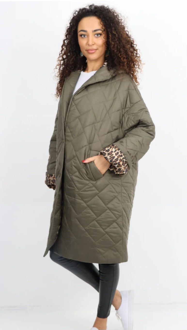 Quilted Hooded Jacket - Padded with a Leopard Design Lining