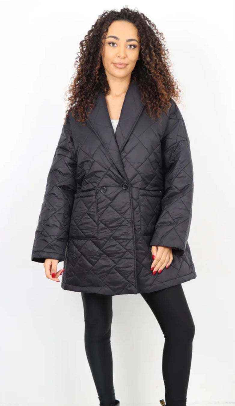 Leopard Lined Quilted Jacket - Blazer style with front pockets.