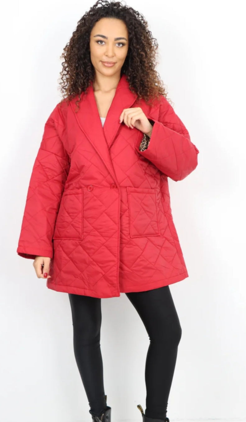 Leopard Lined Quilted Jacket - Blazer style with front pockets.