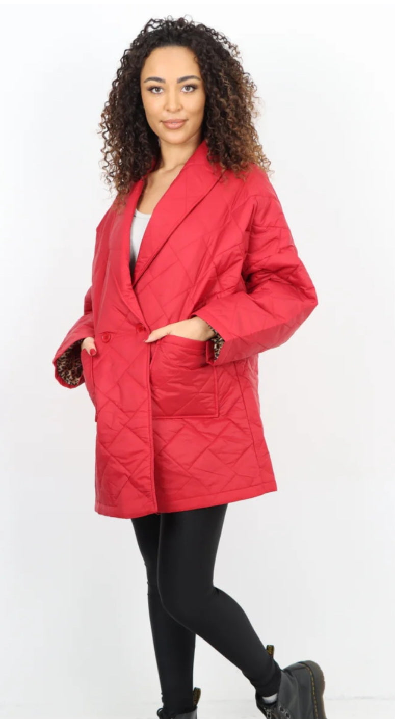 Leopard Lined Quilted Jacket - Blazer style with front pockets.