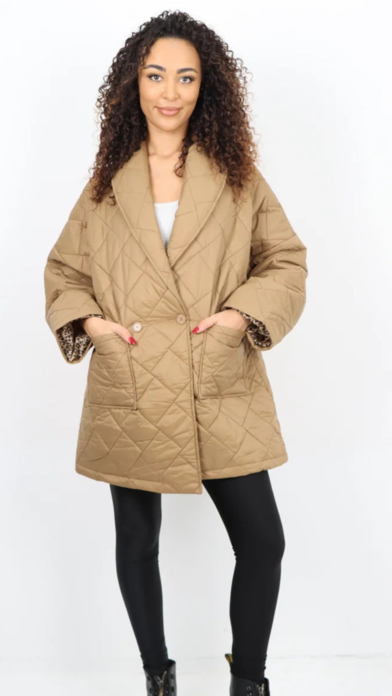 Leopard Lined Quilted Jacket - Blazer style with front pockets.