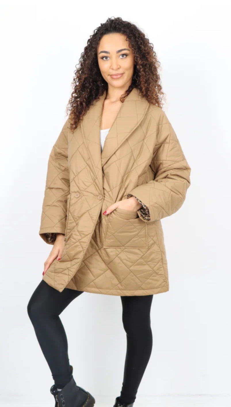 Leopard Lined Quilted Jacket - Blazer style with front pockets.