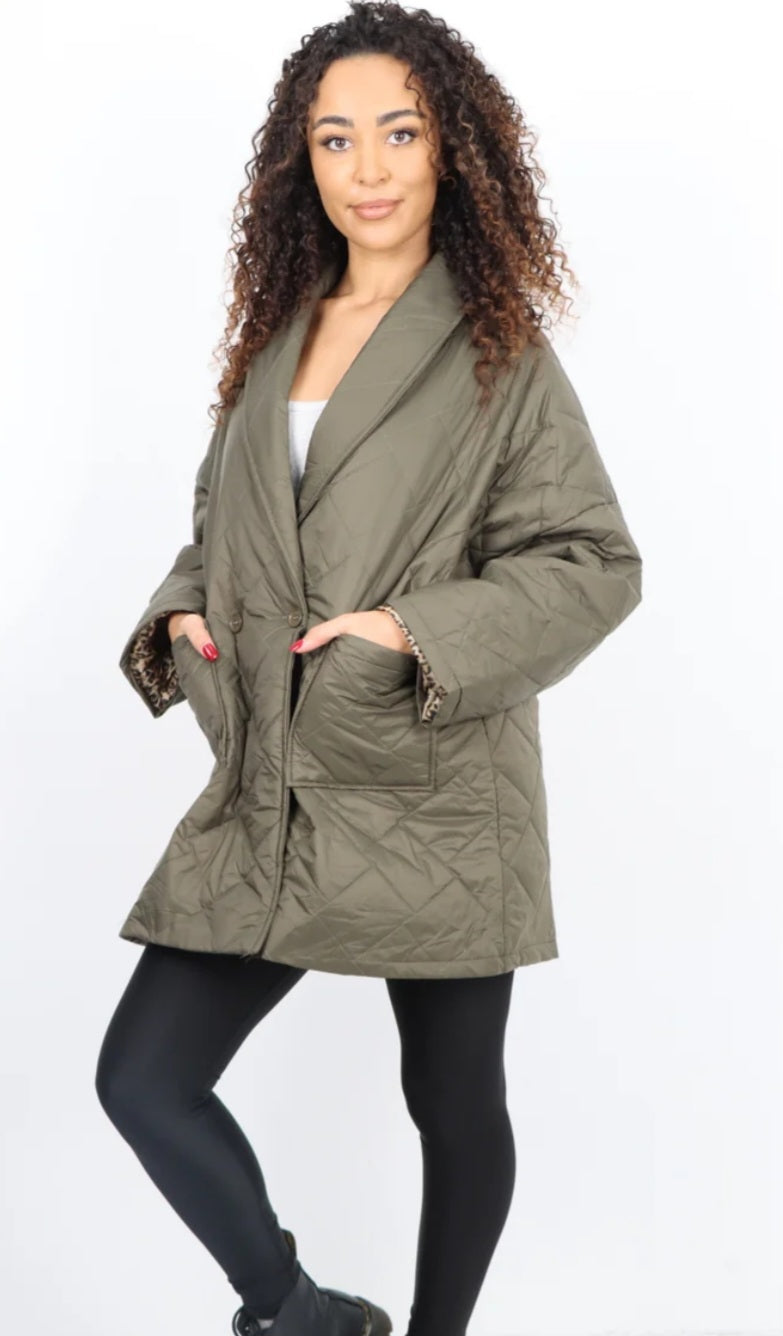 Leopard Lined Quilted Jacket - Blazer style with front pockets.