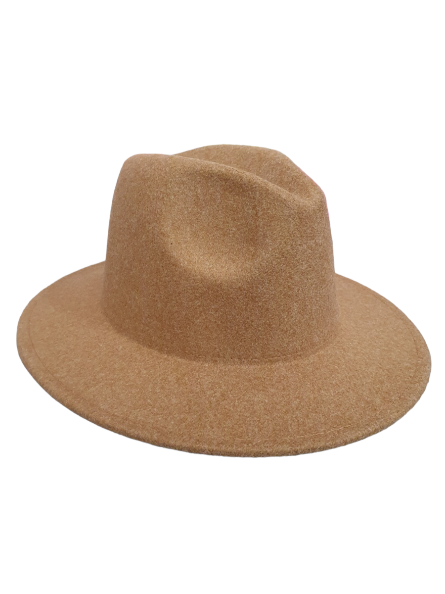 Tan brimmed felt hat made of polyester and wool.