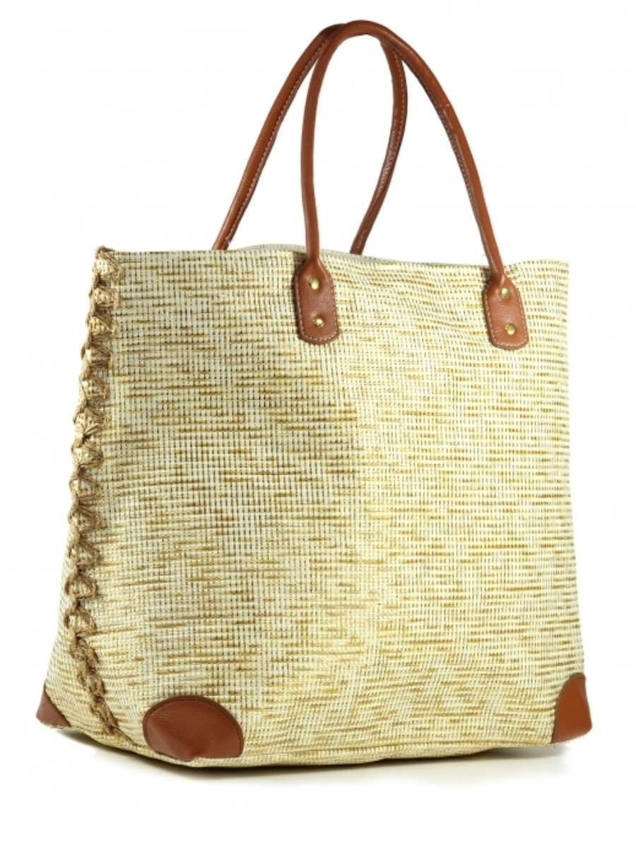 Metallic woven Byron Beach Bag with faux leather straps and trim, featuring magnetic closure and inner pocket.