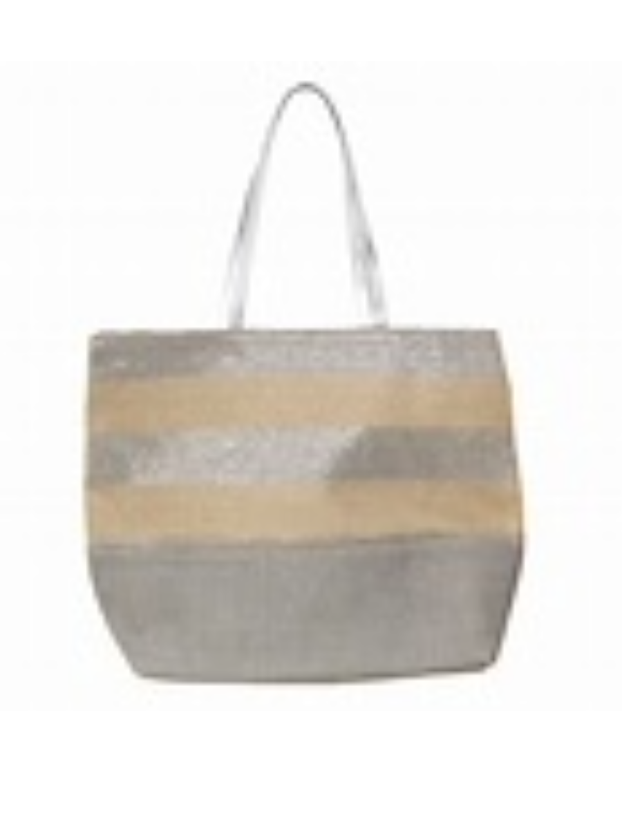 Carbis Bay Beach Bag with metallic stripes and faux leather handles.