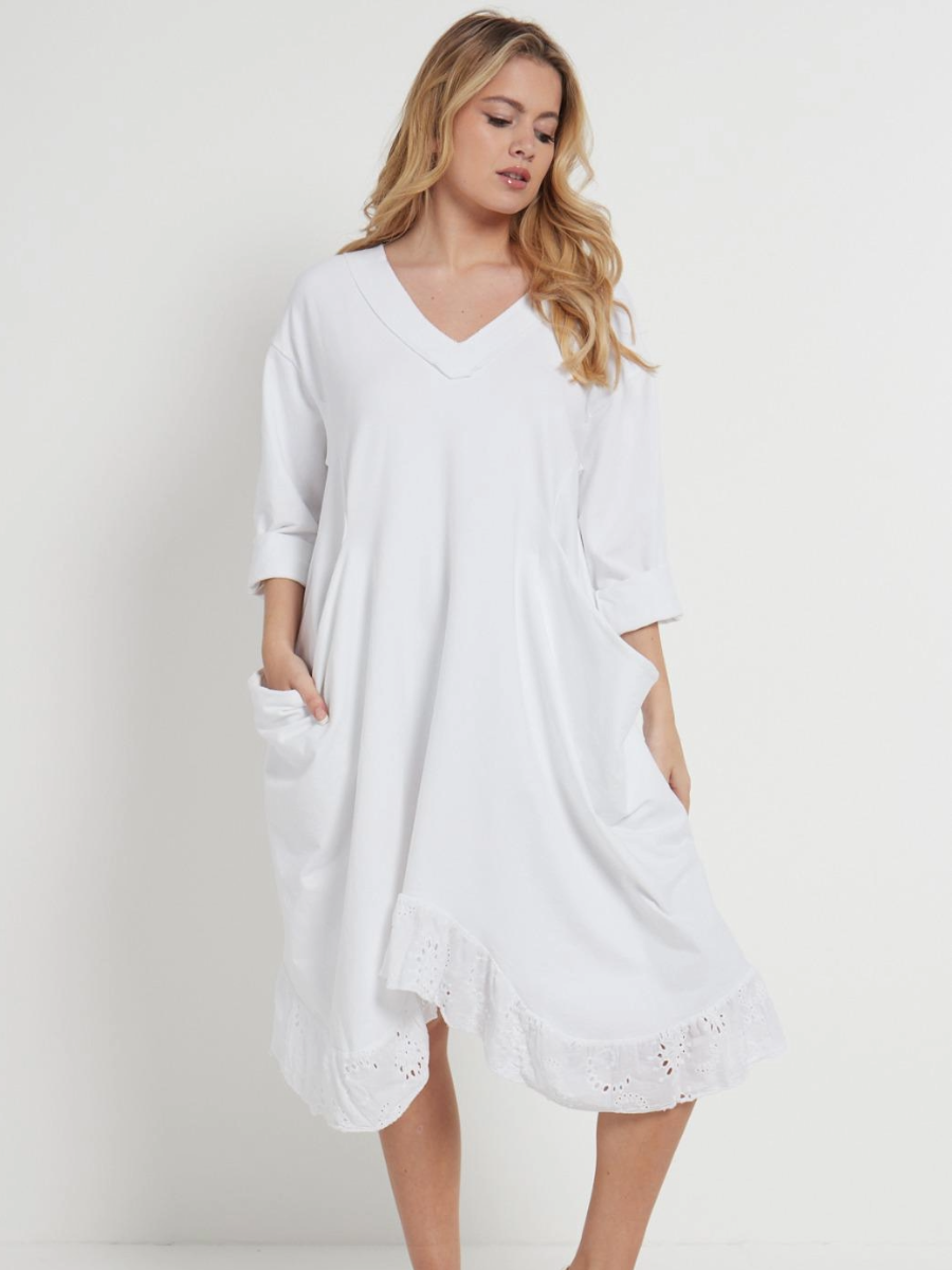 Crochet Hem Cotton Dress with V-neck and 3/4 sleeves.