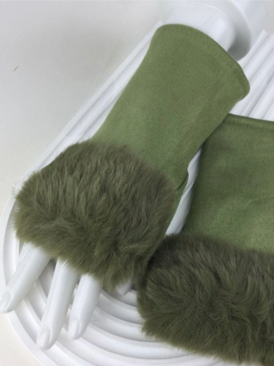 Fingerless Gloves with a Soft Fluffy Faux Fur Cuff on display