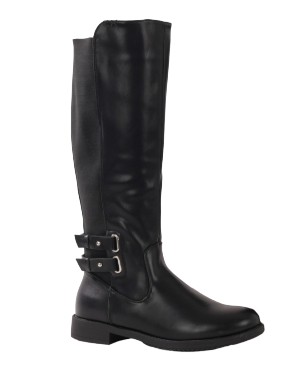 Knee high rider style boots with round toe and square heel.