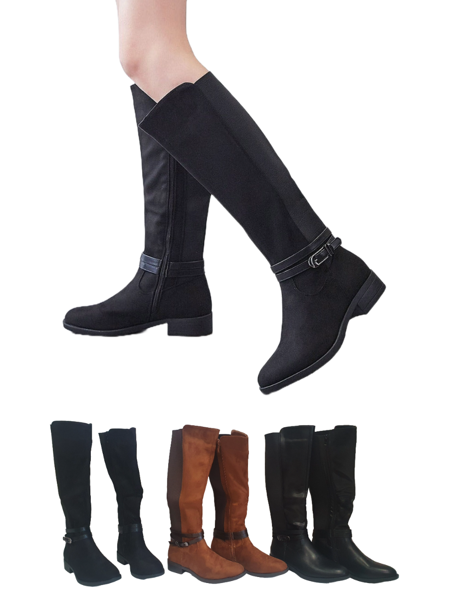Knee High Wide Fit Boots with buckle and zip detail, available in black and brown, PU or suede effect.