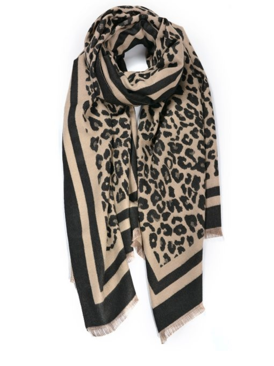 Leopard Border Winter Scarf, 180cm x 70cm, Cashmere and Cotton Blend