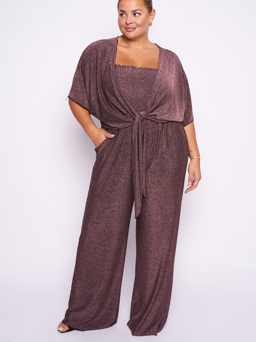 Lurex 2 piece shrug jumpsuit with wide leg pants and short loose sleeves.