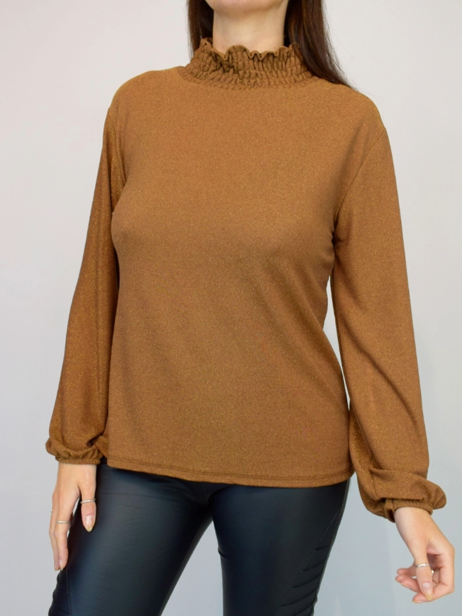 Metallic frill neck top with long sleeves in brown.