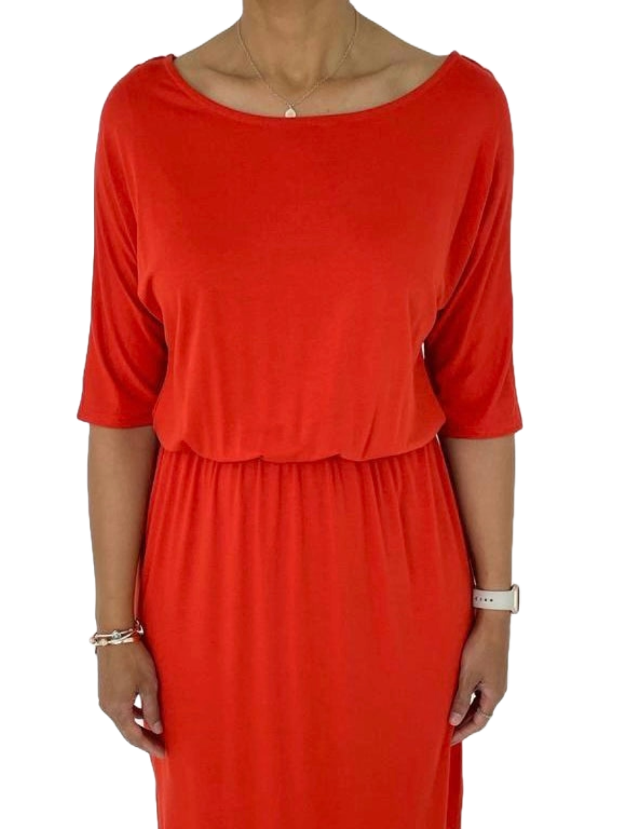 Plain TShirt Dress in red with half sleeves, styled casually.