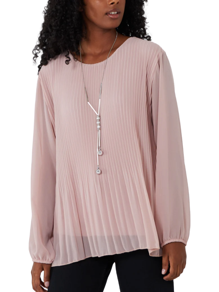 Pleated Top - Lined with Long Sleeves and Round Neck